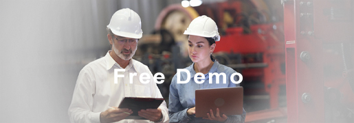 Banner for free trial of KEPServerEX software showing two engineers in a factory comparing screens