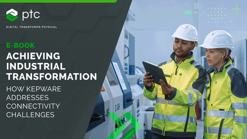 Promotional image for Kepware ebook enabling intelligent manufacturing with industrial connectivity. Image shows two engineers discussing data on a tablet.