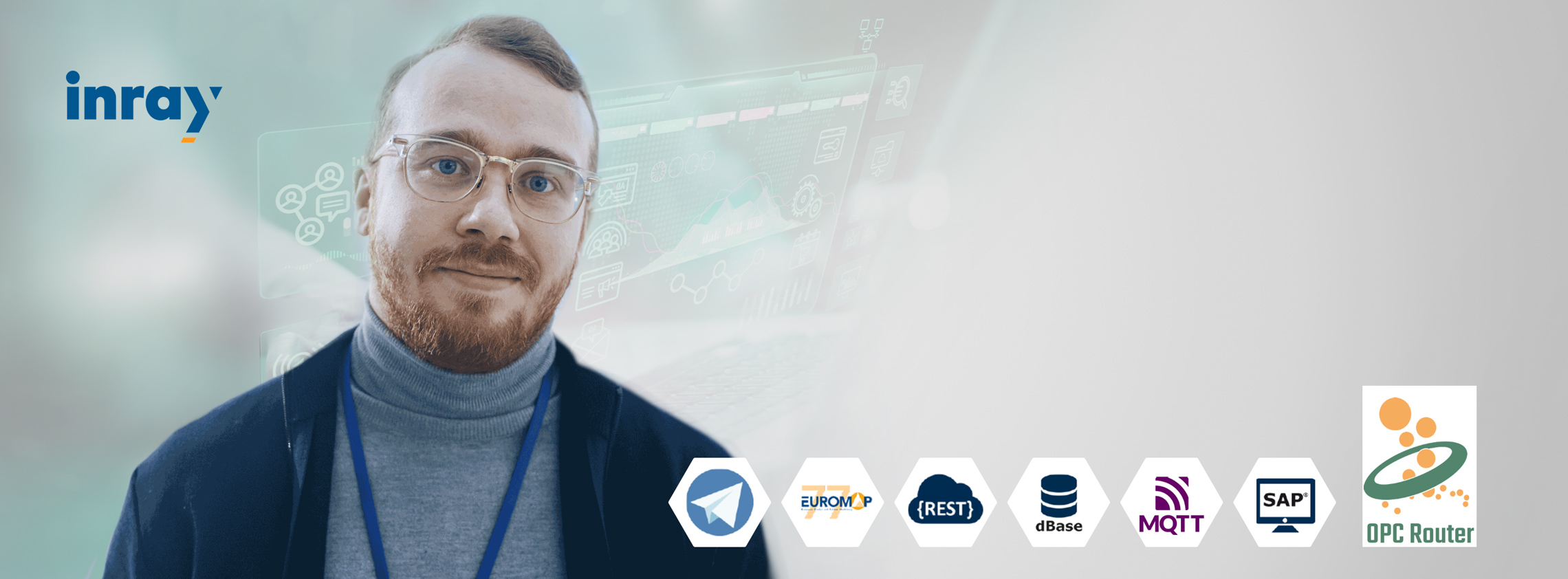 Fetch Automation web banner for inray OPC Router showing IT person with data background and IT icons